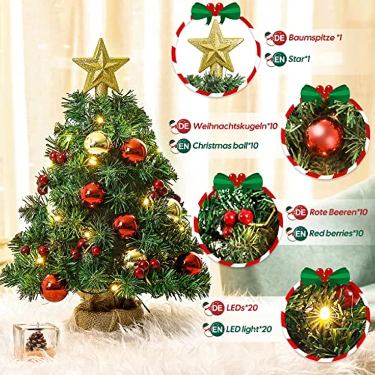 Yorbay Künstlicher Weihnachtsbaum Mini Weihnachtsbaum mit warmweiß LEDs, 8 Licht Modi, 40cm Tisch-Tannenbaum mit Stern-Baumspitze und Deko, Batterie betrieben, für Weihnachten, Advent, künstlich, Geschmückt – Bild 3