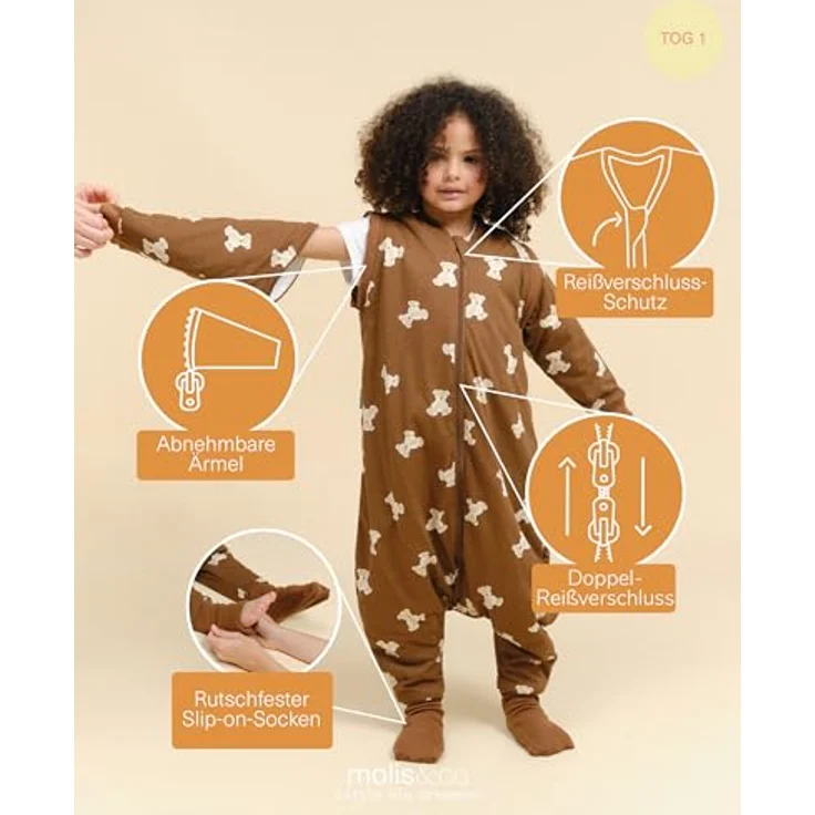 molis&co - Baby Schlafsack mit Füßen, abnehmbare Ärmel und Socken - Babyschlafsack 1 tog - Leicht gepolstert - 100% Baumwolle (Oeko-TEX 100), Premium Qualität - Teddy Mocca (80 cm) – Bild 4