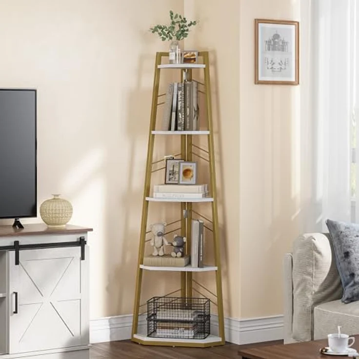 YITAHOME 5-Stöckiges Eck-Bücherregal - Industrielles Freistehendes Leiter-Regal, Modernes Offenes Holzregal für Wohnzimmer, Diele, Home Office, Golden – Bild 1