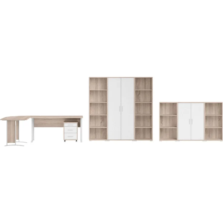 moebel-dich-auf Büromöbel-Set OFFICE LINE, (Komplett-Set, 8-tlg, Winkelschreibtisch mit Rollcontainer + 2 Aktenschränke + 4 Aktenregale), in Eiche Sonoma / Weiß – Bild 5