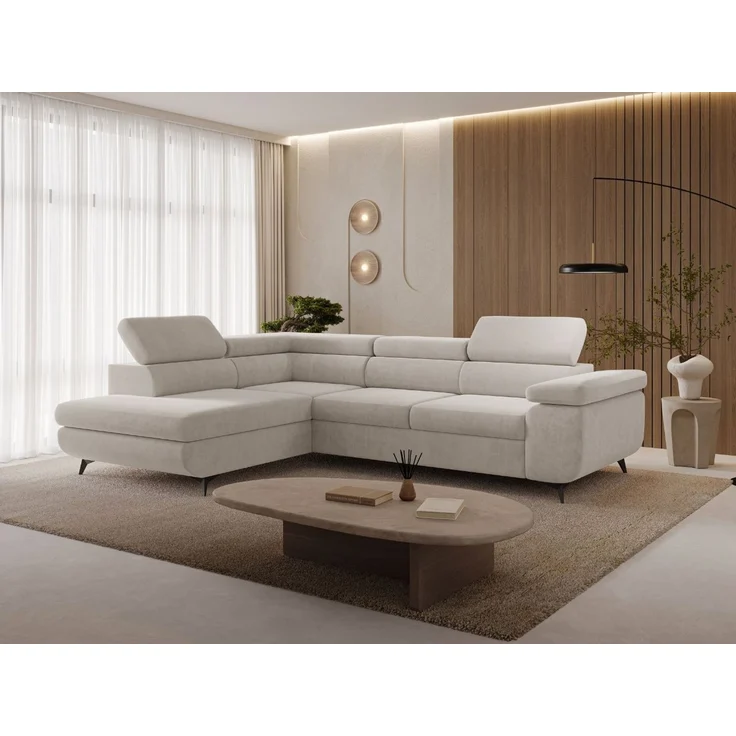 GRAINGOLD Ecksofa ARGON mit Bettfunktion, Bettkasten, Einstellbaren Kopfstützen, Velvet-Stoff, Hellbeige, Rechts – Bild 3