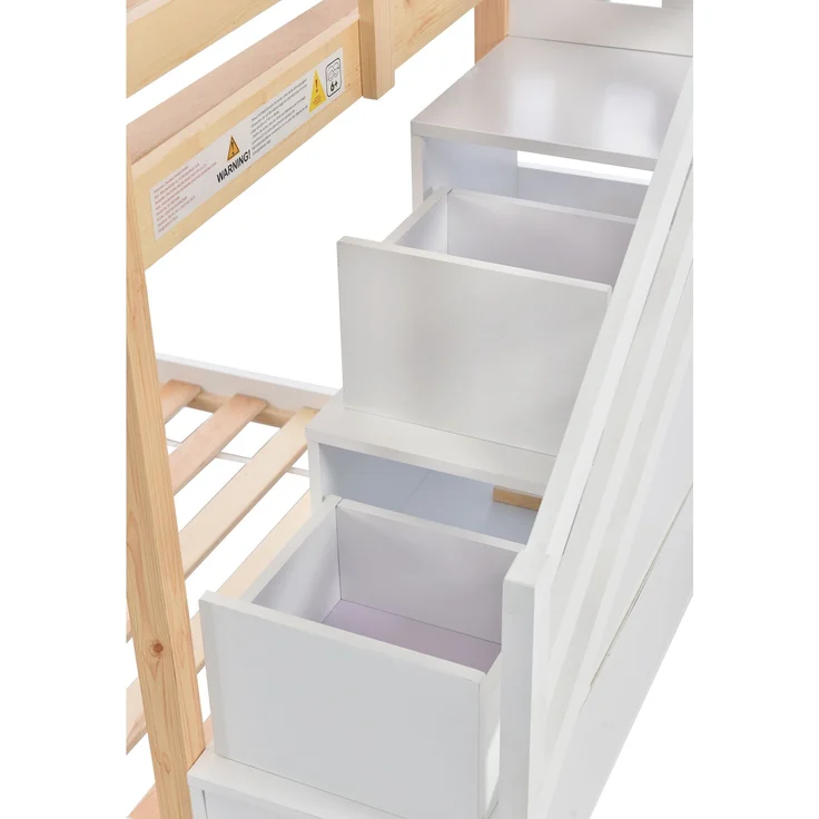 Kinder-Etagenbett Massivholz, Baumhaus-Design mit Schubladentreppe, 90x200 cm, Natur & Weiß, ohne Matratze – Bild 9