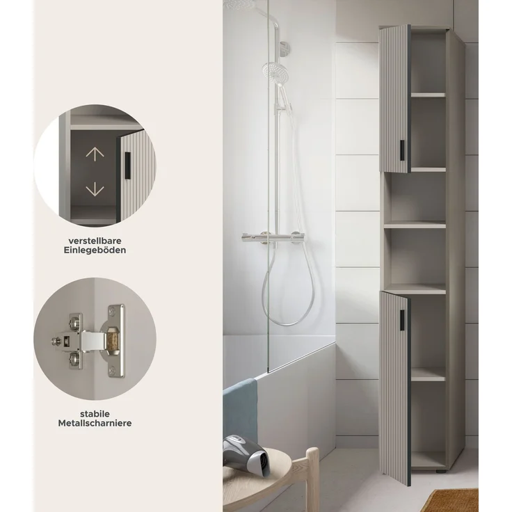 xonox. home – Badschrank Mone 30 x 192 x 30 cm in Kaschmir Nachbildung – Schlanker Hochschrank mit 2 Türen, 4 geschlossenen & 2 offenen Fächern – Platzsparendes Stauraumwunder, elegant & sehr funktional – Bild 7
