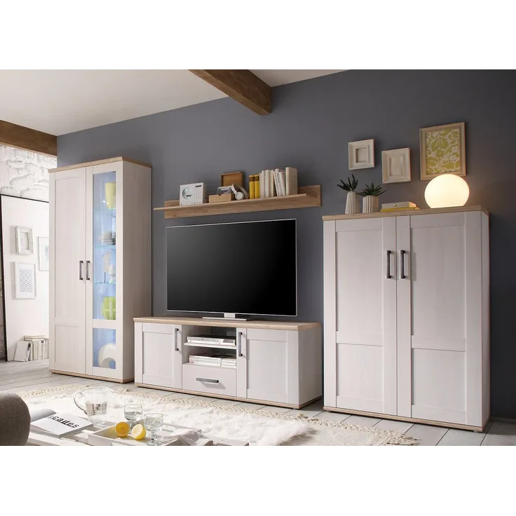moebel-dich-auf Wohnwand ELEGANCE, (in Sibiu-Lärche Nb. Absetzung: San Remo hell, Vitrine + Wandboard + Lowboard + Stauraumelement), im Landhausstil inkl. LED-Beleuchtung
