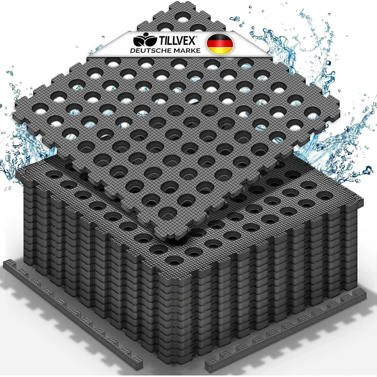 tillvex® Pool Bodenschutzmatte mit Löchern 36 Stück Schwarz | Unterlegmatte für Pool & Planschbecken 51x51 cm | Poolmatte Bodenmatte Outdoor | Poolunterlage Bodenschutz Matten wärmeisolierend | Whirlpool Bodenfolie weich – Bild 1