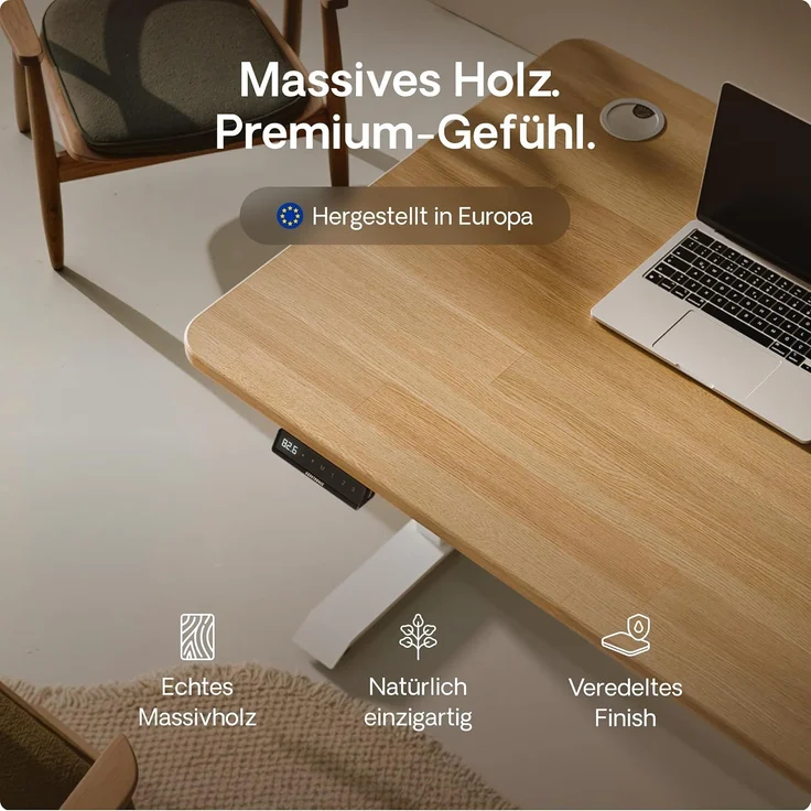 Desktronic Höhenverstellbarer Schreibtisch aus massivem Eichenholz (140x70 cm) – Elektrisch höhenverstellbar mit flüsterleisem Dual-Motor & Touchscreen – Hohe Tragfähigkeit – Stehtisch HomePro – Bild 8