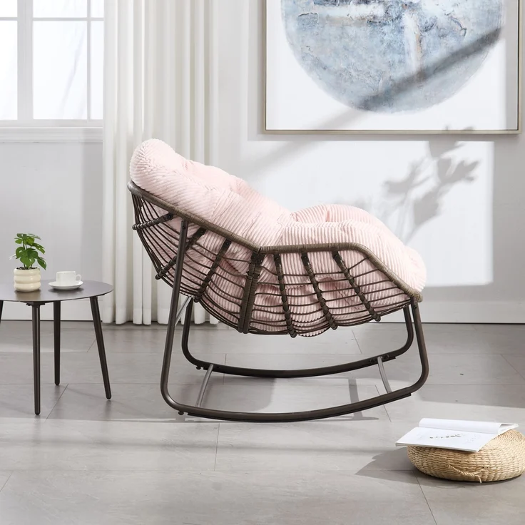 LVHOM Schaukelstuhl mit gepolstertem Kissen, Rattanstuhl mit Stahlrahmen, Lounge Sessel, Schaukelsessel, 1 St, für Balkon/Garten/Wohnzimmer/Schlafzimmer – Bild 6