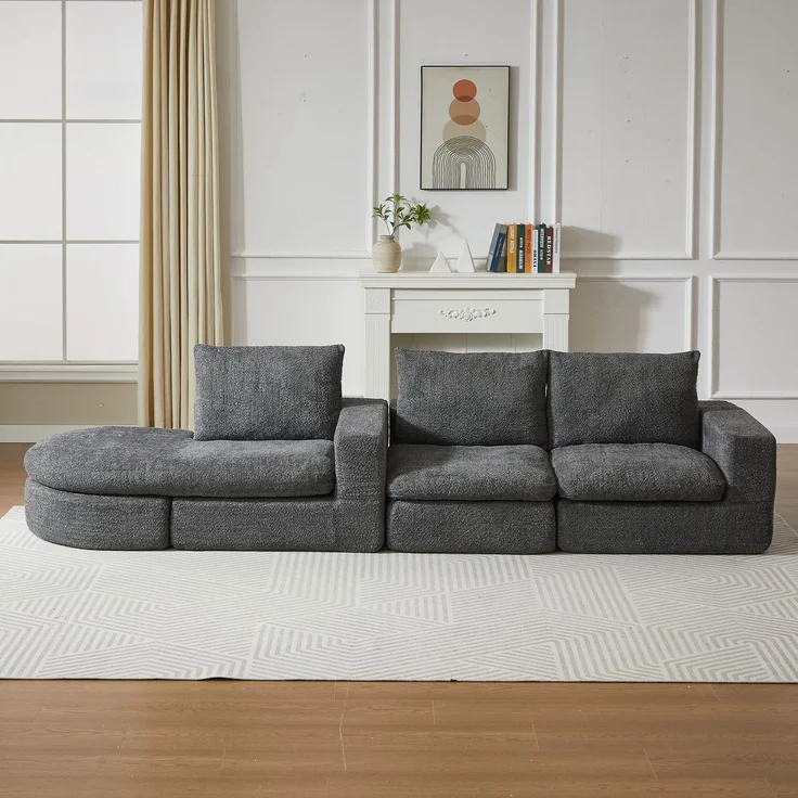 Modulares Sofa H 81 x T 251 x B 160 cm aus Chenille in Grau mit verstellbarer Chaiselongue – Bild 3