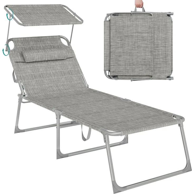 SONGMICS Große Sonnenliege, klappbarer Liegestuhl, 71 x 200 x 38 cm, Belastbarkeit 150 kg, mit Sonnenschutz, Kopfstütze und Verstellbarer Rückenlehne, für Garten Pool Terrasse, Greige GCB022G01