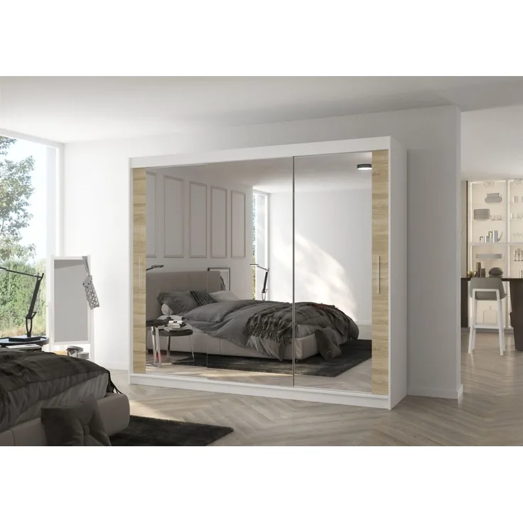 Schiebetürenschrank Schrank SHINE in Weiss matt- Sonoma-Spiegel 250x215x58 cm