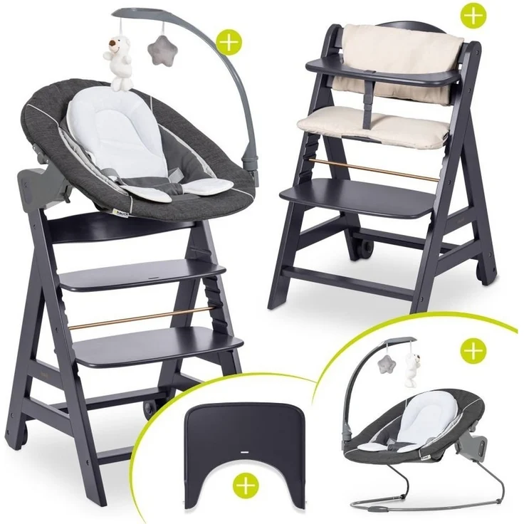 Hauck Hochstuhl Beta Plus Dark Grey - Newborn Set Deluxe, Holz Babystuhl ab Geburt, Aufsatz für Neugeborene, Sitzkissen, Tisch – Bild 1