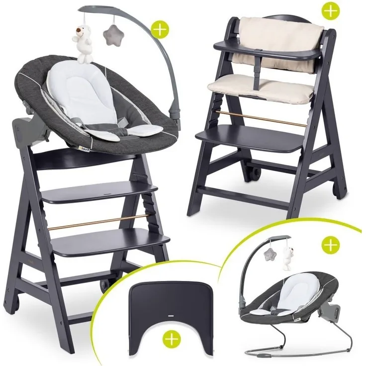 Hauck Hochstuhl Beta Plus Dark Grey - Newborn Set Deluxe, Holz Babystuhl ab Geburt, Aufsatz für Neugeborene, Sitzkissen, Tisch