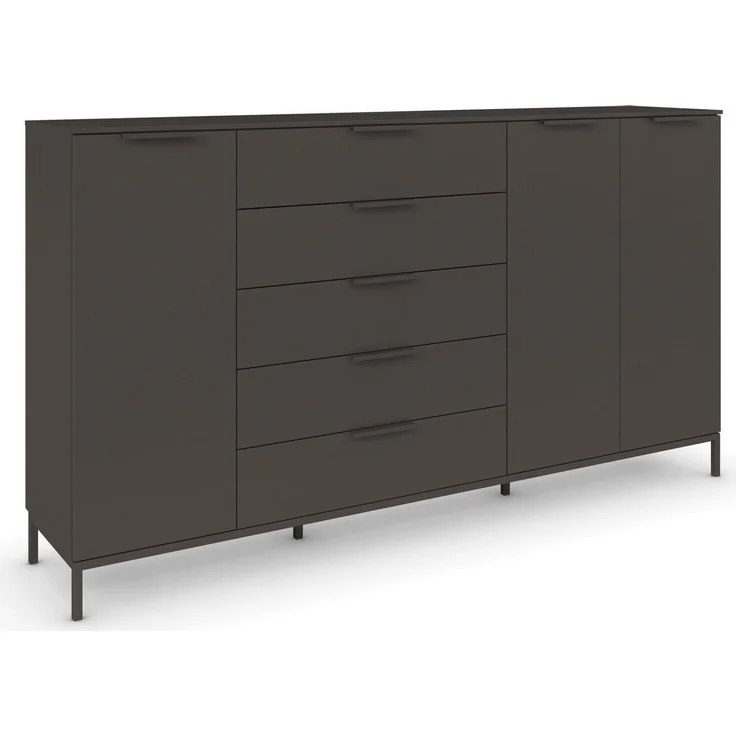 Rauch Möbel Flipp, Kombikommode, Kommode mit Stauraum für Wohnzimmer, Schlafzimmer, Flur, 4 Fachböden, mit Metallkufe graphit, Graphit, 3-türig, 5 Schubkästen, Griffe graphit, 199 x 111 x 42 cm – Bild 5