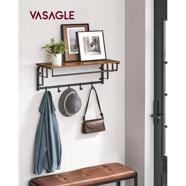 Vasagle Wandgarderobe mit Ablage und 5 abnehmbaren Haken, Holz vintagebraun-schwarz, 80 x 30 x 27 cm – Bild 2