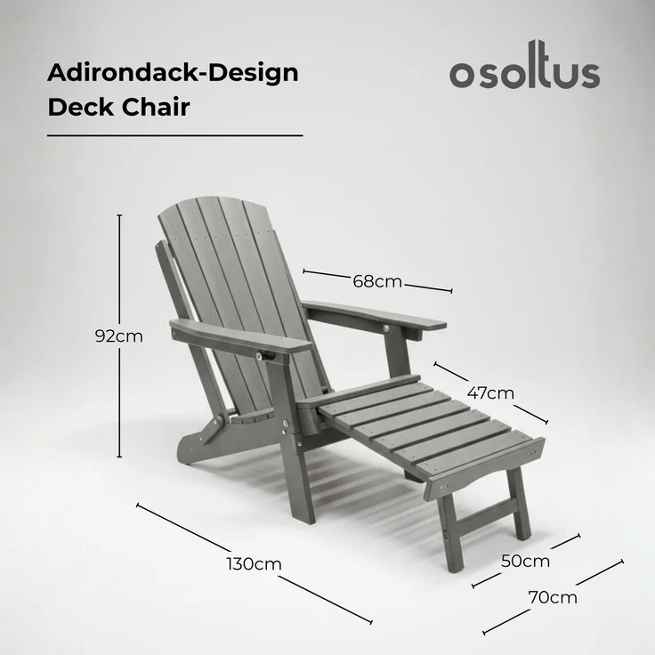 osoltus Canadian Deck Chair Adirondack Stuhl incl. Fußhocker HDPE Grau – Bild 3