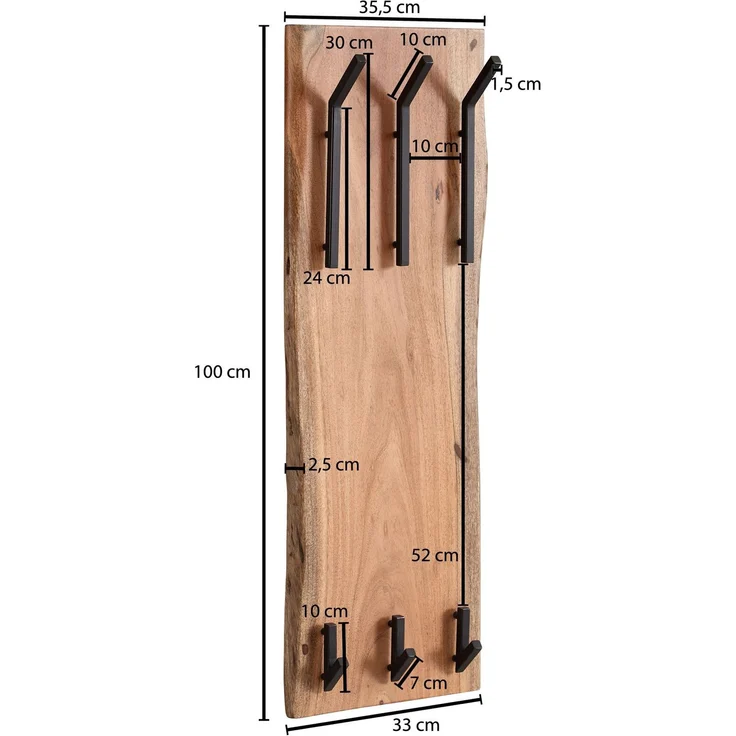 Wohnling Wandgarderobe Akazie Massivholz Metall Hakenleiste 2-reihig 35,5x100x11cm Braun – Bild 8