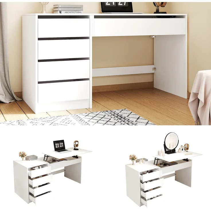 ZUBALIYA 120×50×78–92cm, höhenverstellbarer Schreibtisch mit 4 Schubladen – weißer Schminktisch und Computertisch in einem, mit manueller Höhenverstellung und verstecktem Stauraum, Schreibtisch, Schminktisch