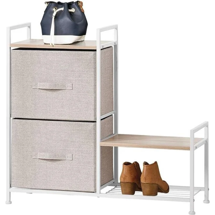 Regalsystem Schrank Holzablage mit 2 Stoffschubladen mDesign Metallrahmen beige – Bild 1