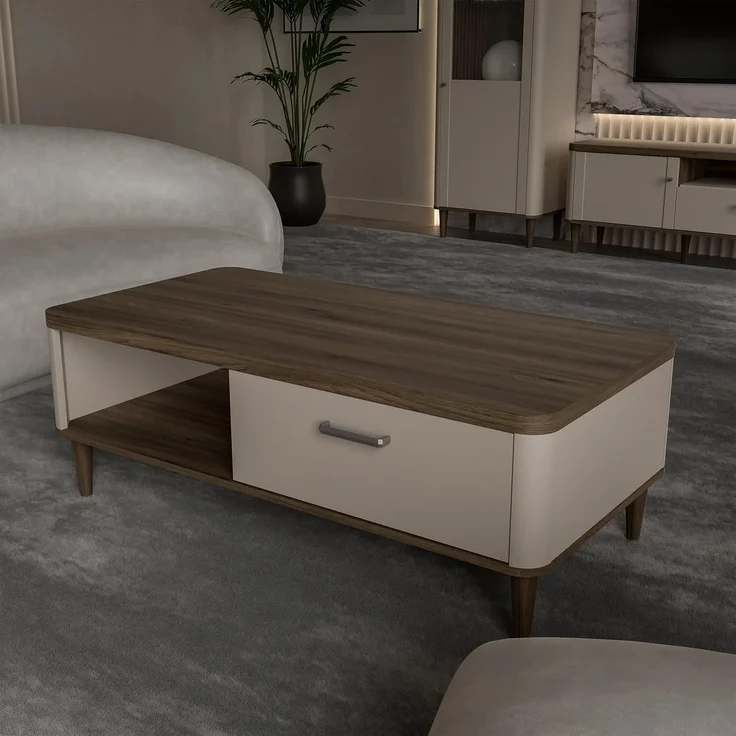 Forte LACETTI Couchtisch 120, moderner Sofatisch mit Skandi Lamellen Design, 1 Schublade, Kaschmir | Beige mit Valencia Eiche Holzdekor, 120 cm breit x 43,7 cm hoch x 60 cm tief – Bild 1