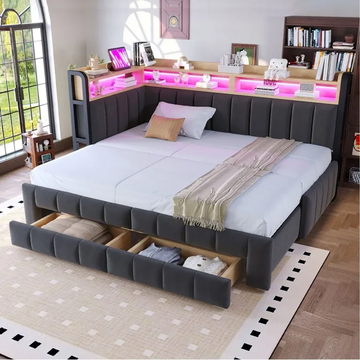 Celya Polsterbett Schlafsofa 90/180 × 200 cm Mit Ausziehbarem Bettteil und Schubladen (ohne Matratze, Mit LED-Beleuchtung, USB- und Typ-C-Anschlüssen), Mit Ablage und Staufächern, Samtstoff