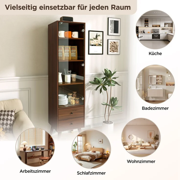 Vitrinenschrank aus MDF in Nussbaumoptik mit Glastür und 2 Schubladen,H 160 x T 39.8 x B 35 cm – Bild 9