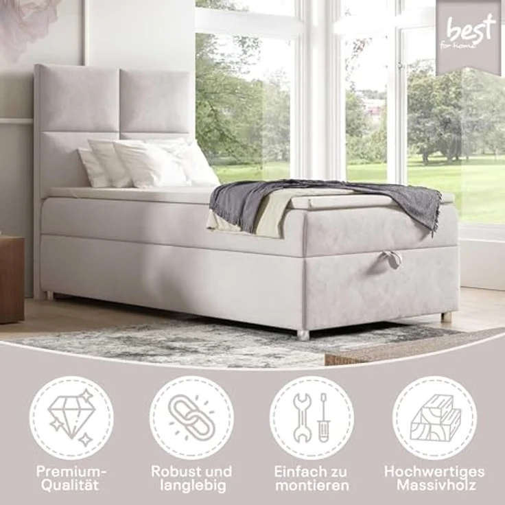 Best for Home Boxspringbett K2 SINGLE mit Bettkasten (Creme 90x200) – Bild 3