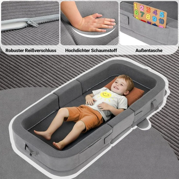 TLGREEN Kindersofa Tragbares Faltbares Kinder Sofa, Weiches Kinder Liegsofa mit Hochdichtschaumstoff, Maschinenwaschbarer Bezug & Taschen,Ideal für Wohnzimmer Camping Reise – Bild 4