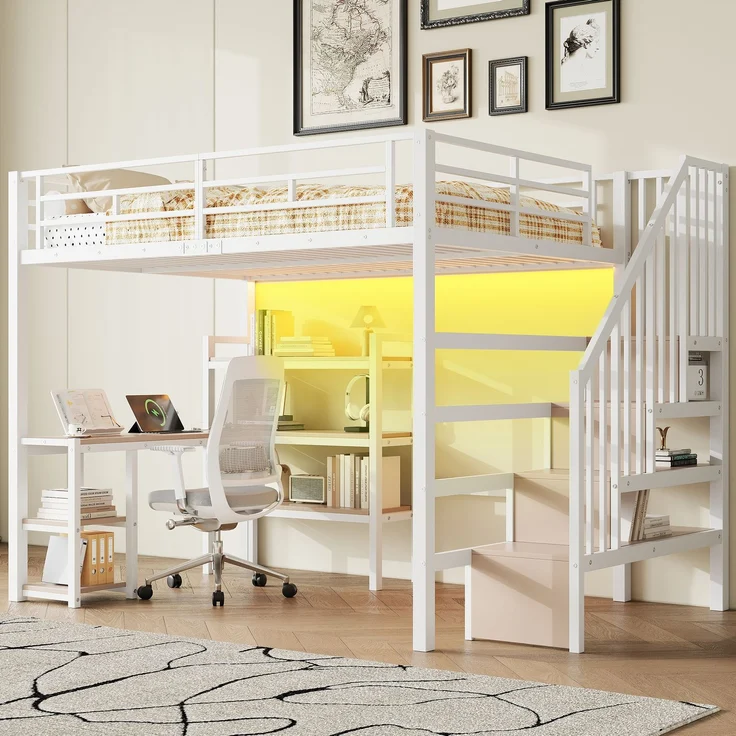 140x200 Metall-Hochbett mit Treppe, integriertem Schreibtisch, Staufächern, USB-Ladestation und LED-Licht, Weiß – Bild 3