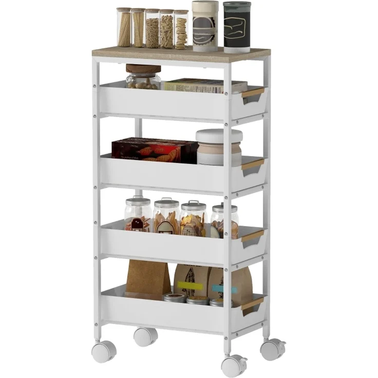 Rollwagen 39,5 x 24 x 82 cm mit 4 Schubladen, Metallrahmen und Holzoptik – Bild 6