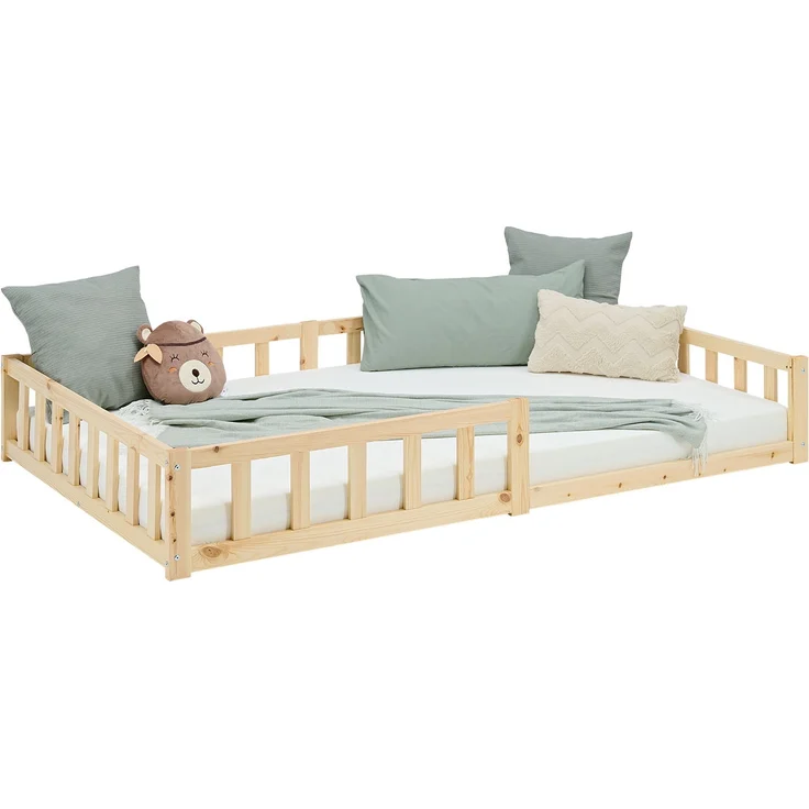 Kinderbett 120x200 mit Matratze Bodenbett mit Rausfallschutz Montessori Bett Kleinkindbett Holz Kiefer Natur Massiv Einzelbett Lattenrost – Bild 2