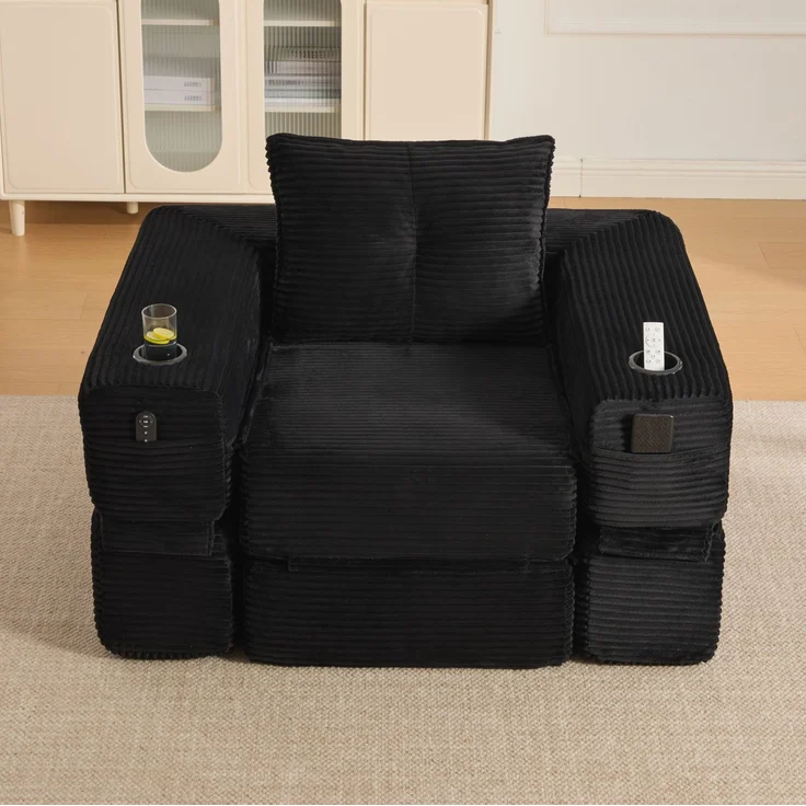 Klappsofa aus Cord mit Federkern, Getränkehalter, 122x98x80 cm, Schwarz – Bild 2