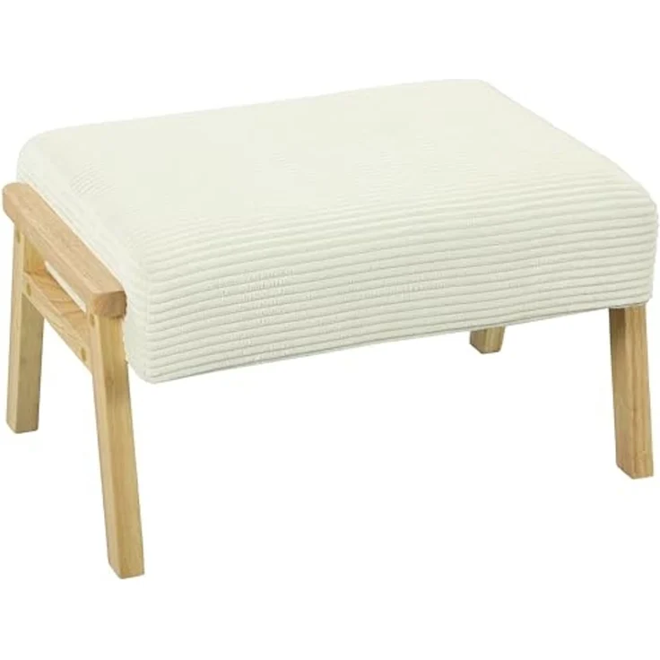 HOMCOM Fußhocker mit weichem Sitzkissen, Holzbeinen, Cordoptik (Polsterhocker, 1 St, Sitzhocker), für Schlafzimmer, Wohnzimmer, Cremeweiß – Bild 1