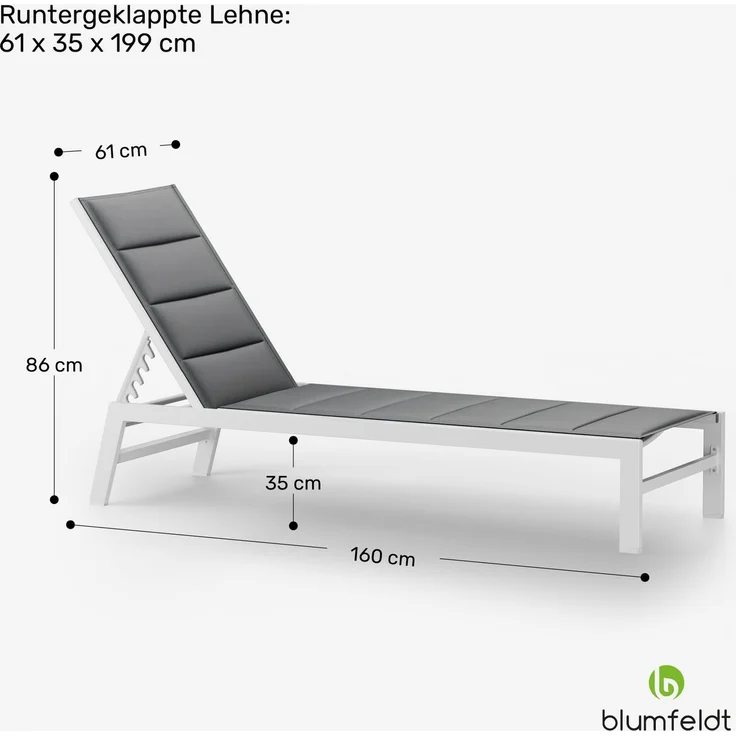 Blumfeldt Renazzo Sonnenliege - Verstellbarer Liegestuhl, Wetterfest & Ultraleicht, 5-Positionen Rückenlehne, Aluminiumrahmen, 120kg Kapazität, ComfortMesh, 195x60cm, Garten & Balkon, Weiß – Bild 8