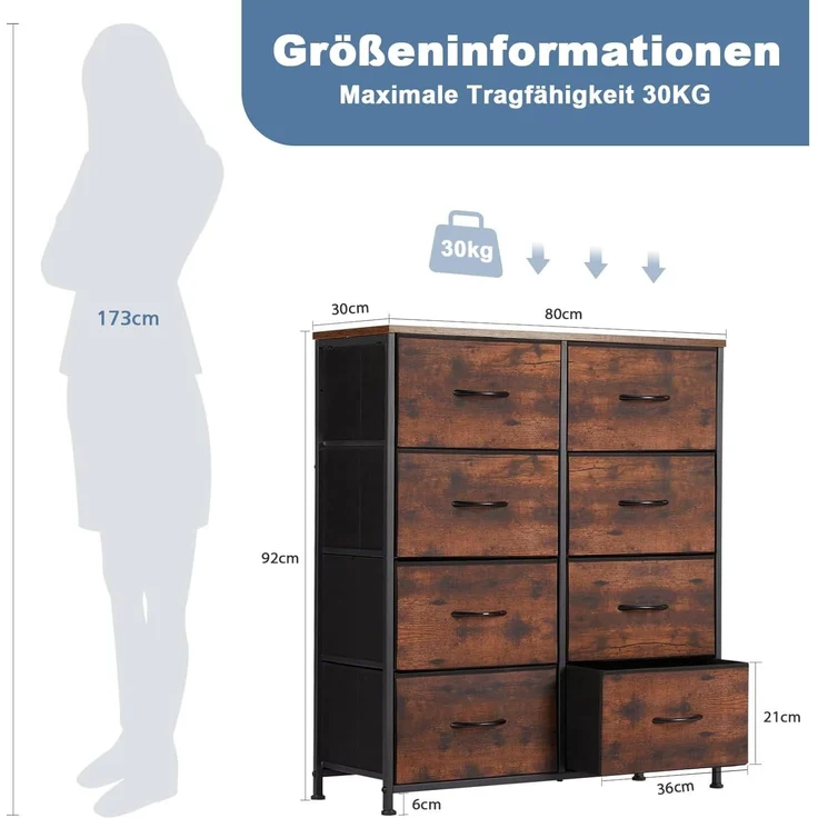 DUMOS Kommode für Schlafzimmer mit 8 Stoffschubladen hohe Kommode Organizer für Kleidung Schrank Kinderzimmer Aufbewahrungsturm mit Schrank Metallrahmen Holzplatte leichte Kinderzimmermöbel – Bild 2