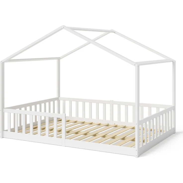 Bellabino 'Bia' Hausbett 140x200 cm mit Matratze, weiß, Kiefer Massivholz, Bodenbett in Hausoptik, Montessori Kinderbett mit Rausfallschutz und Lattenrost – Bild 2
