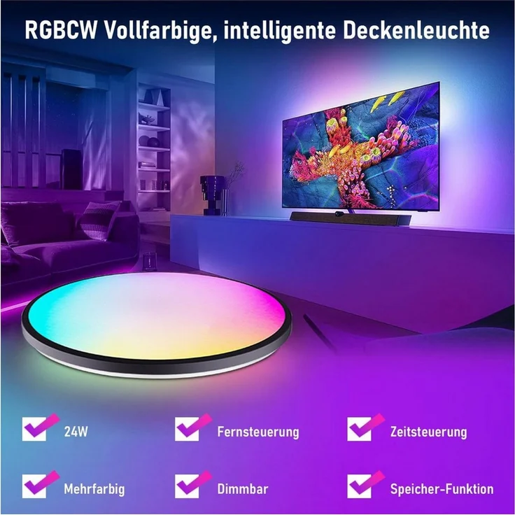 POPOLIC Deckenleuchte Dimmbare Deckenleuchte, rund, flach, 30 cm Durchmesser, 24W LED-Deckenleuchte mit fest integrierter RGB+W Beleuchtung. Voll dimmbar in Helligkeit und Farbtemperatur (3000K-6500K) für vielfältige Einsatzzwecke vom Wohnzimmer bis zu... – Bild 2