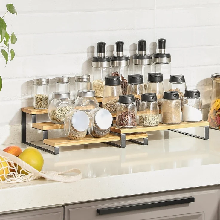 SONGMICS Gewürzregale, Küchenregale stehend, Küchen-Organizer, 2er Set, Holzwerkstoff, je 3 Ablagen, ausziehbar, stapelbar, für Speisekammer, Arbeitsplatte, naturbeige-tintenschwarz KCS016N01 – Bild 5