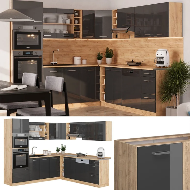 Eckküche R-Line Anthrazit Hochglanz/Goldkraft Eiche 247 x 237 cm ohne Arbeitsplatte Vicco – Bild 2