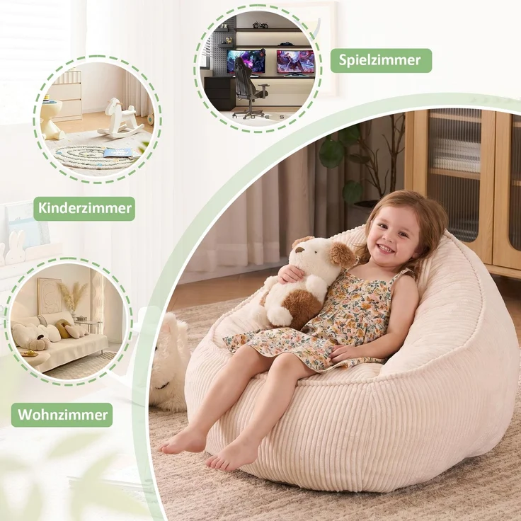 Sitzsack, weicher Plüsch-Sitzsack, bequemer Sitzsack, geeignet für Spielzimmer, Leseecke, Wohnzimmer und Kinderzimmer, für Jungen und Mädchen – klein(Beige)--Beige--69x72x51cm--YOUDENOVA – Bild 4