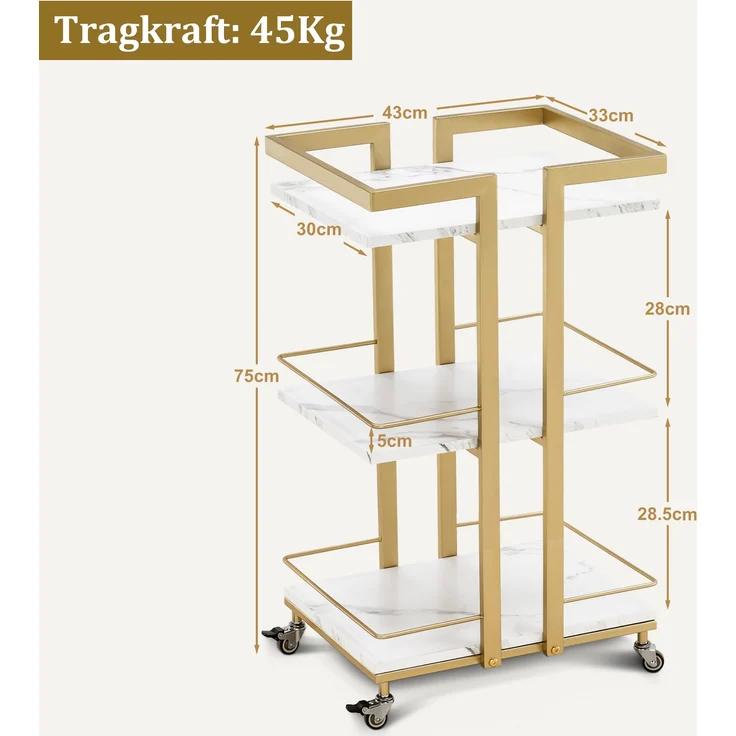 M MCombo Servierwagen mit Rollen, Küchenwagen Barwagen Metallgestell Weiß-Gold, Moderne Rollwagen Mehrzweckwagen mit 3 Ebenen, für Küche Bad Wohnzimmer Büro, 0033 – Bild 4