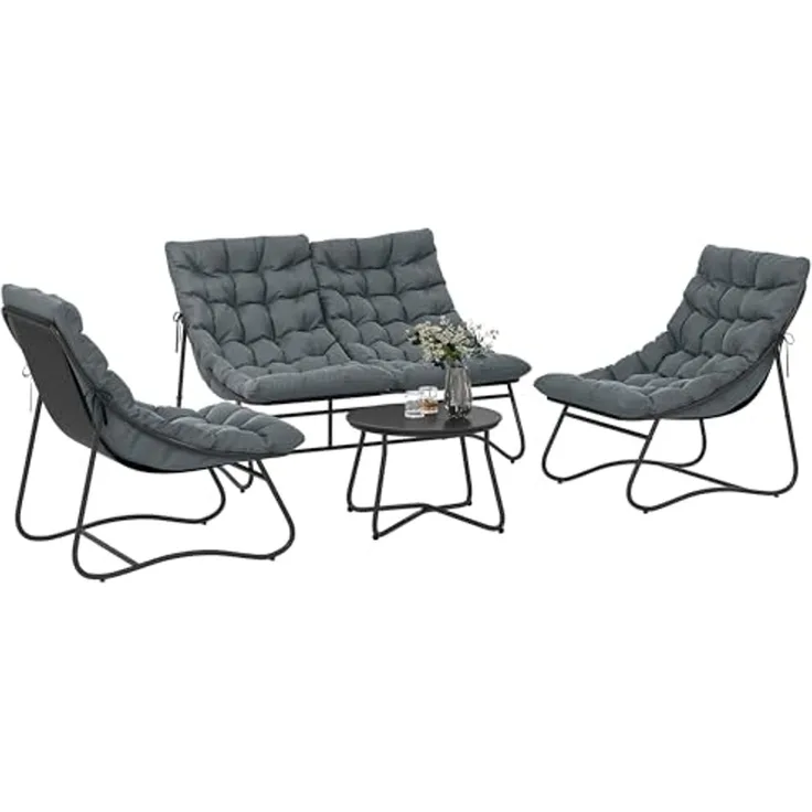 Outsunny Sitzgruppe 4 Personen mit 2er Sofa, Sessel, Beistelltisch, Sitzkissen, (Stahl Gartenmöbel Set 4, 4-tlg, wetterfest Balkonmöbel-Set), für Garten, Terrasse, Balkon, Grau