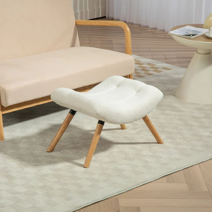MELAYR, Moderner Fußhocker mit Fleece-Bezug und Holzbeinen, gepolstert, für Wohnzimmer, 67 x 45 x 38 cm, Cremeweiß – Bild 4