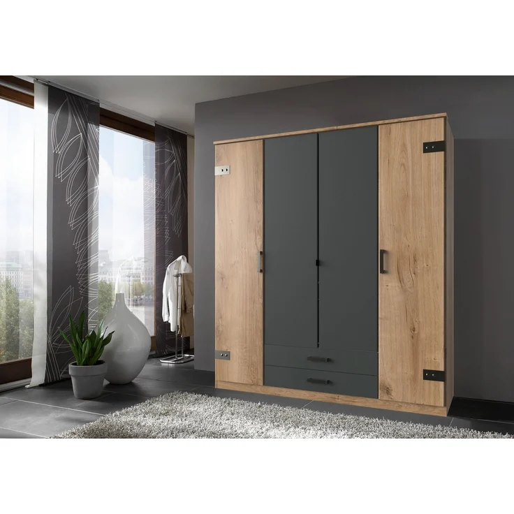 Calicosy Kleiderschrank, mit 4 Türen, in Eiche und Graphit Dekor - L180 cm. - Helles Holz – Bild 2