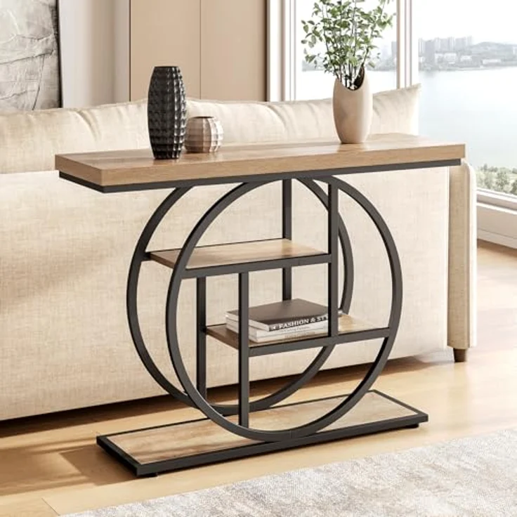 LITTLE TREE Konsolentisch, 4-stöckiger Eingangstisch hinter dem Couchtisch, 104 cm Bauernhaus-Sofatisch für Wohnzimmer, Foyer, Flurtisch für Eingang, Walnuss und Schwarz – Bild 5