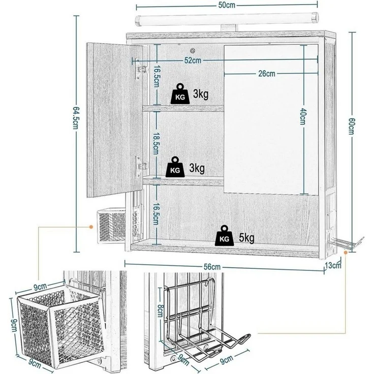 EUGAD Spiegelschrank Bad mit Beleuchtung, Badezimmerschrank mit Spiegel, Badschrank hängend, mit Verstellbarer Ablage Halter Korb, aus Metall MDF, Schwarz + Helle Eiche, 70Bx70Hx14,5T cm – Bild 3