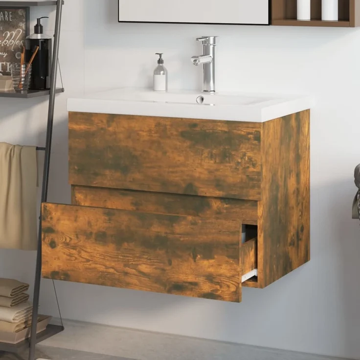 Waschbeckenschrank, Badschrank mit Einbaubecken Räuchereiche Holzwerkstoff de7442 – Bild 4