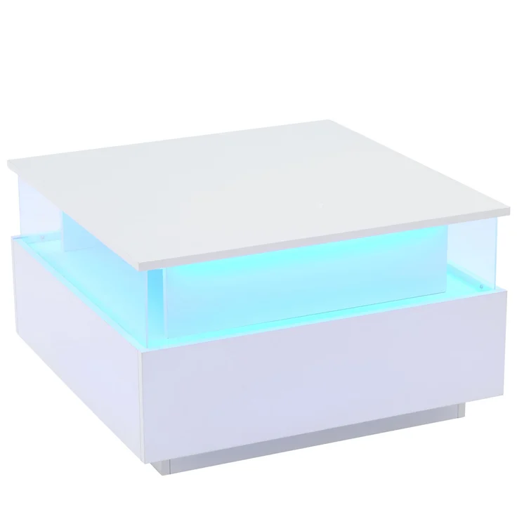 Couchtisch, mit LED-Beleuchtung, 2 Schubladen & transparentem Display, 70x70x41 cm, Weiß – Bild 1
