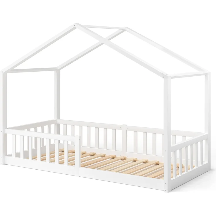 Bellabino 'Bia' Hausbett 80x160 cm mit Matratze, weiß, Kiefer Massivholz, Bodenbett in Hausoptik, Montessori Kinderbett mit Rausfallschutz und Lattenrost – Bild 2