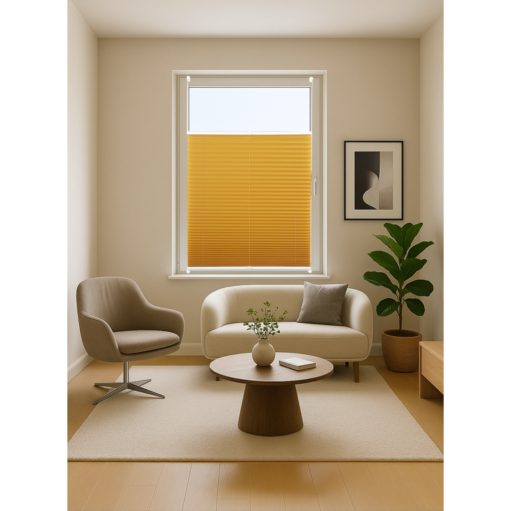 ondeco Plissee ohne Bohren mit Klemmträger viele Farben, Sonnenschutz für Fenster innen, Lichtschutz und Blickdicht, Plissee klemmfix Faltrollo Sichtschutz für Tür - Gold-Ocker - 100x130 cm