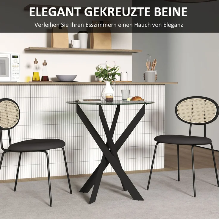 Esstisch Ø70x75 cm aus gehärtetem Glas – runder Küchentisch mit schwarzen Stahlbeinen – Bild 7